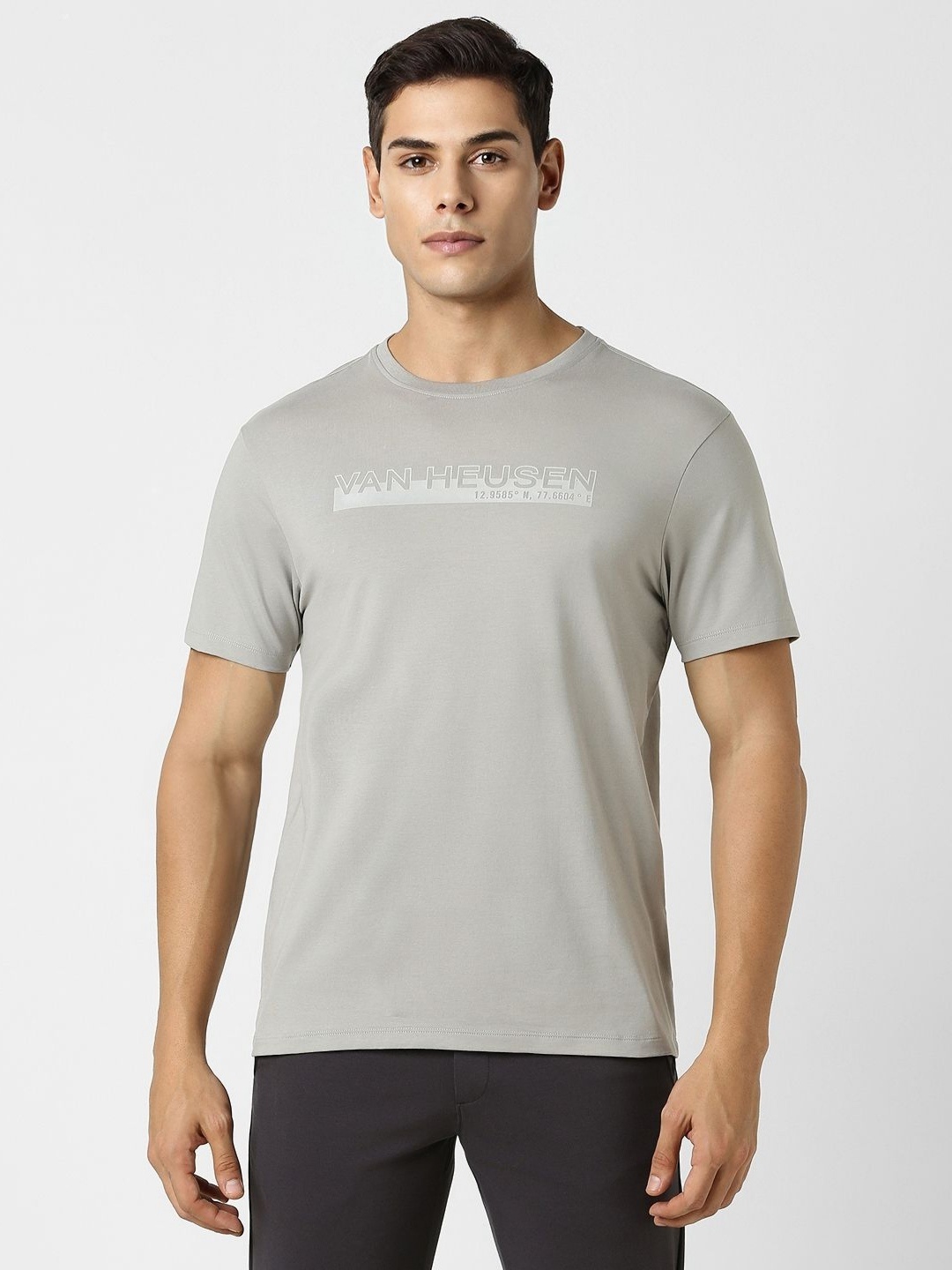 

Van Heusen Flex Men Typography Printed Round Neck Cotton Slim Fit T-shirt, Grey