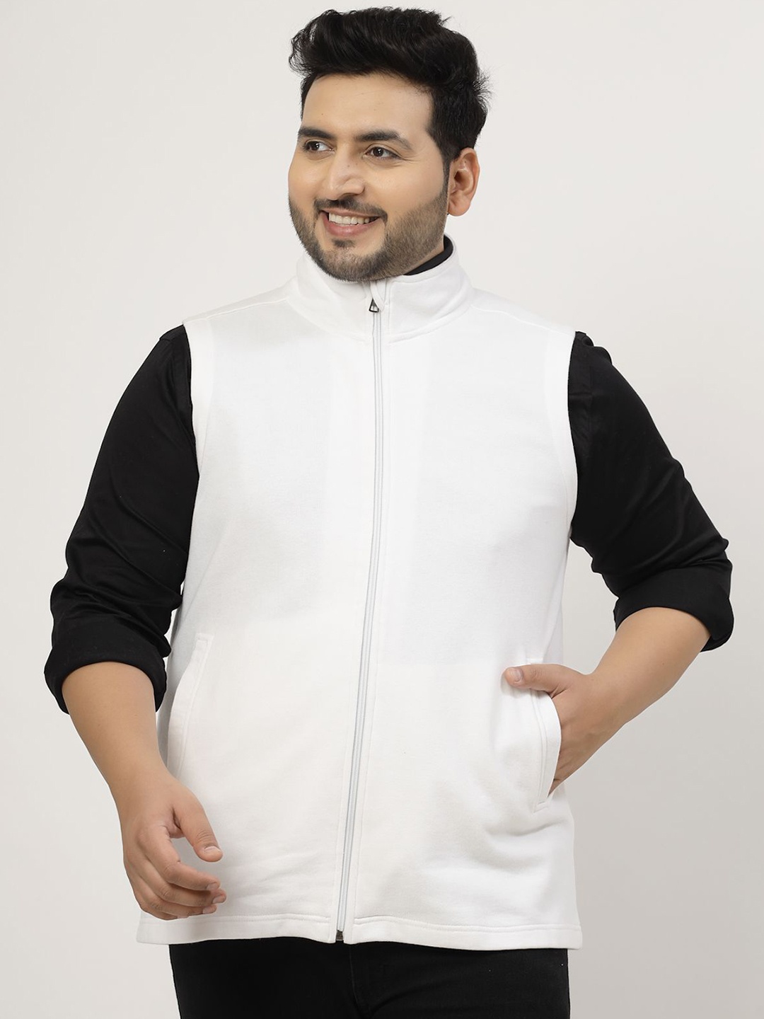 

plusS Men Checked Fleece Longline Tailored Jacket, White