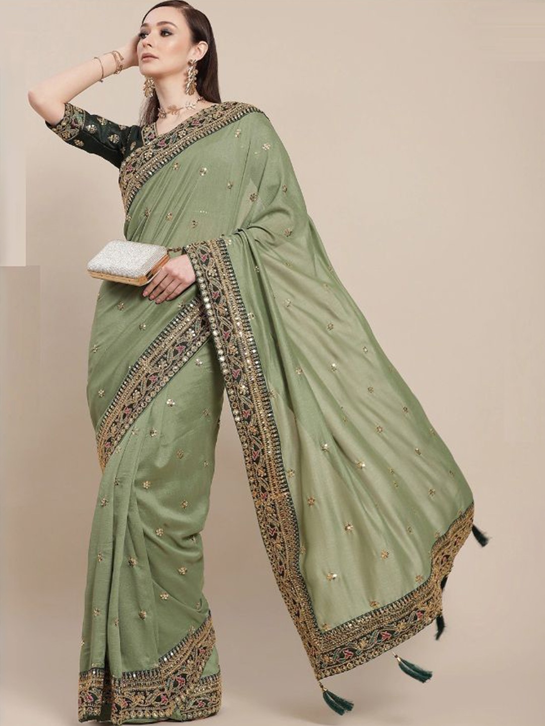 

KALINI Sequinned Embriodery Pure Georgette Saree, Green