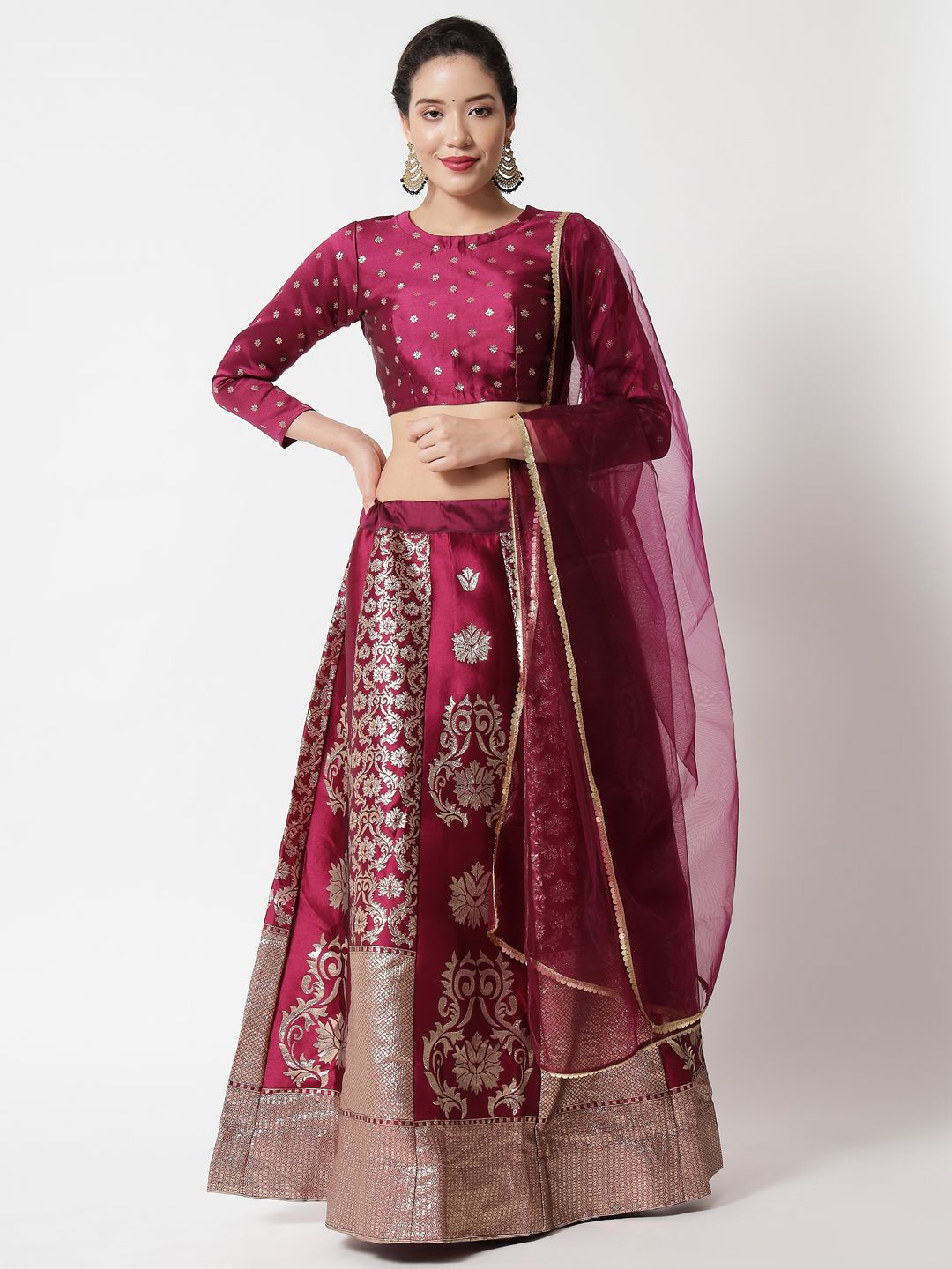 

MAGMINA Woven Design Zari Semi-Stitched Lehenga & Unstitched Blouse With Dupatta, Maroon