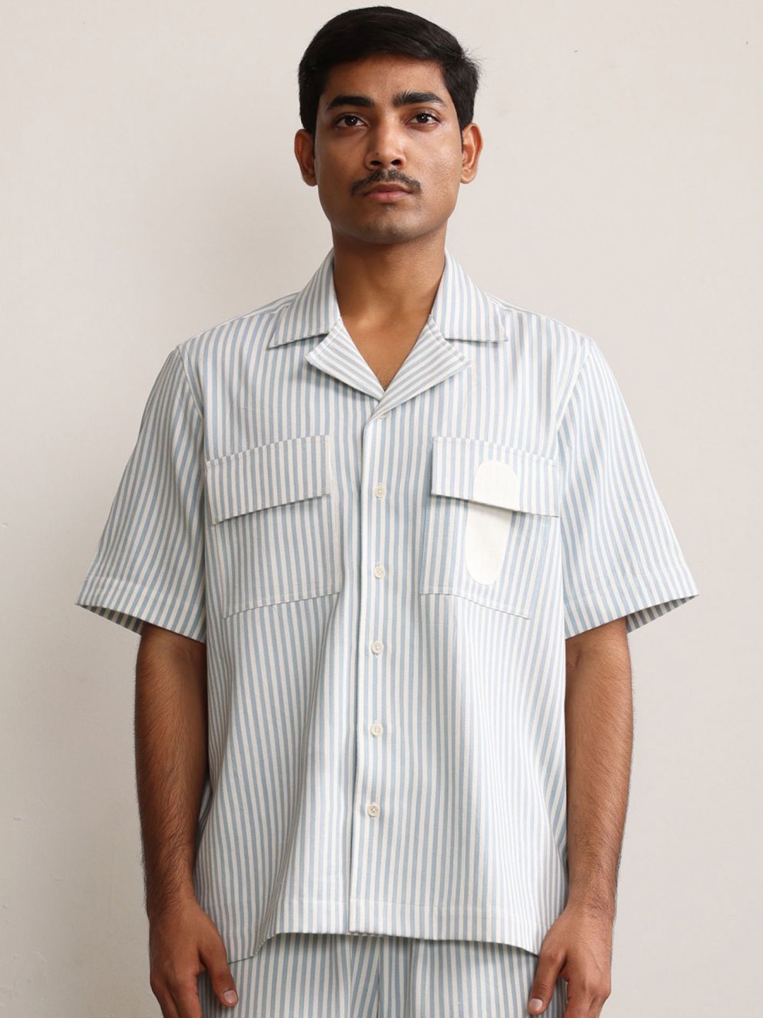 

MARGN Men Striped Relaxed Pocket Casual Regiment Shirt, Blue