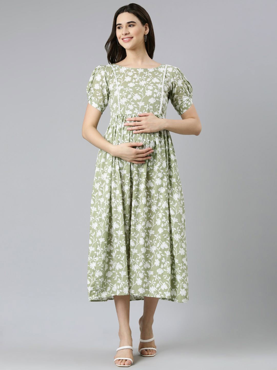 

Swishchick Floral Print Puff Sleeve Maternity Fit & Flare Midi Dress, Olive