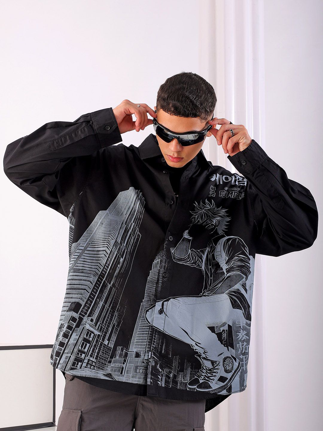 

The Indian Garage Co Men Anime Printed Cotton Oversized Boxy Streetwear Shirt, Black