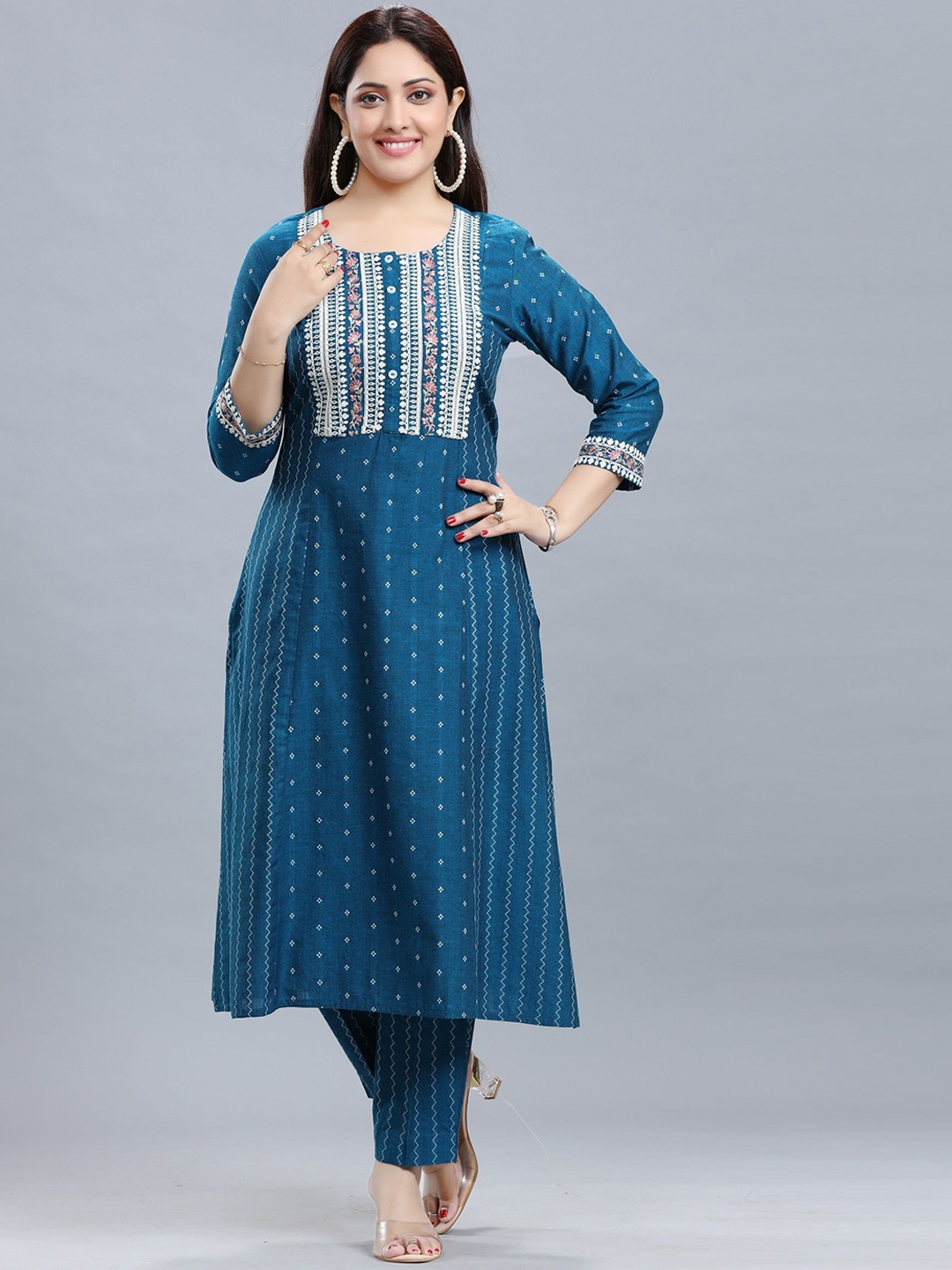 

COTTON CULTURE Striped Thread Work Cotton Silk A-Line Kurta with Trouser, Blue