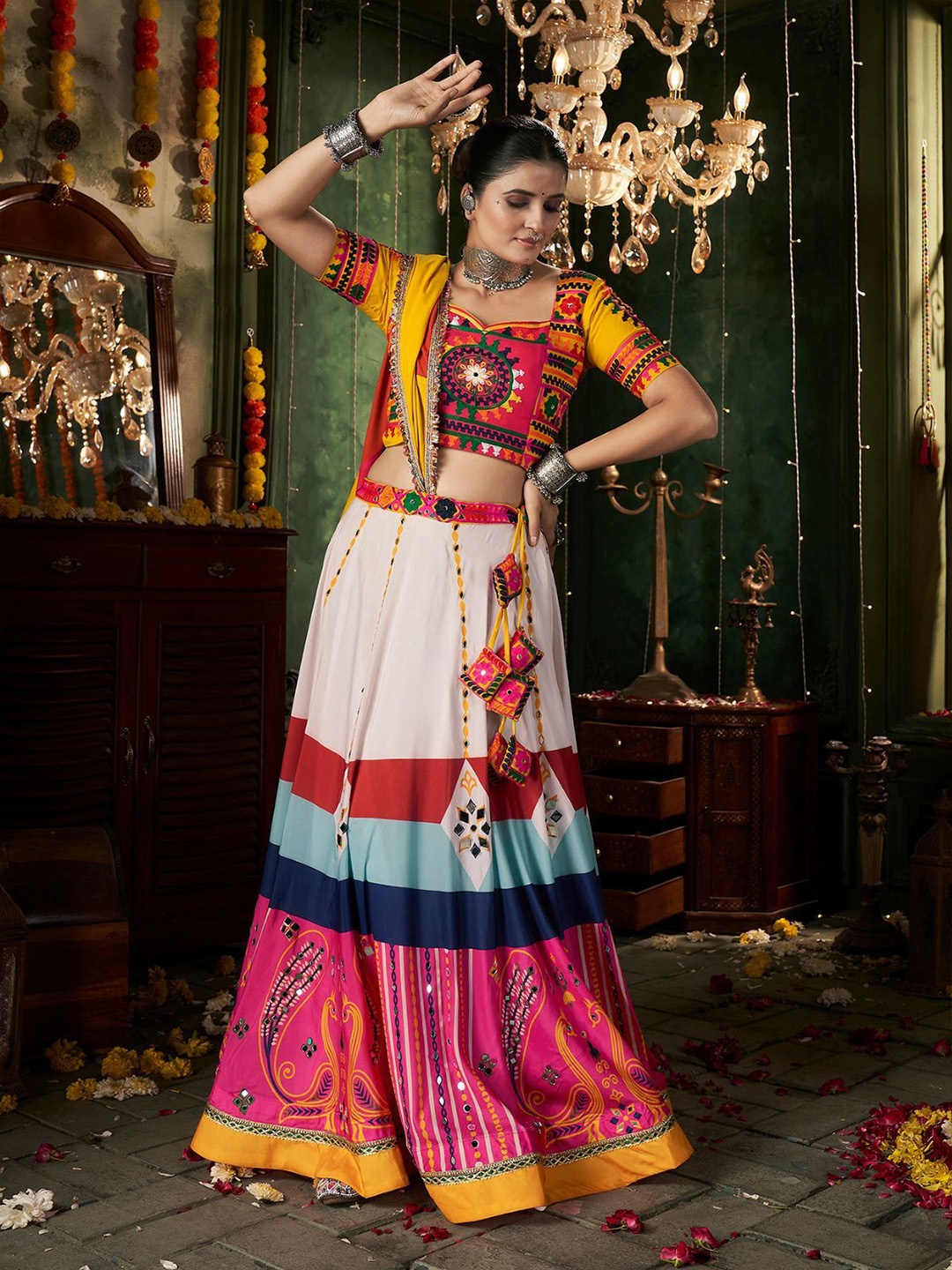 

ODETTE Embellished Mirror Work Cotton Ready to Wear Lehenga & Blouse With Dupatta, Pink