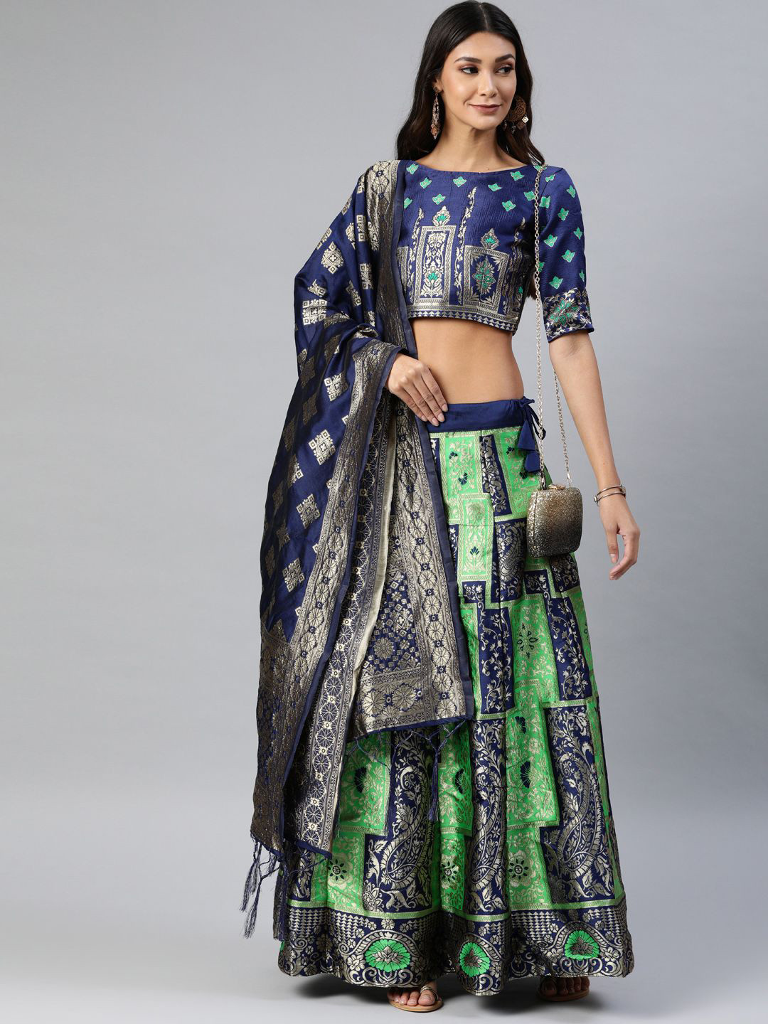 

MAGMINA Woven Design Jacquard Semi-Stitched Lehenga & Unstitched Blouse With Dupatta, Green