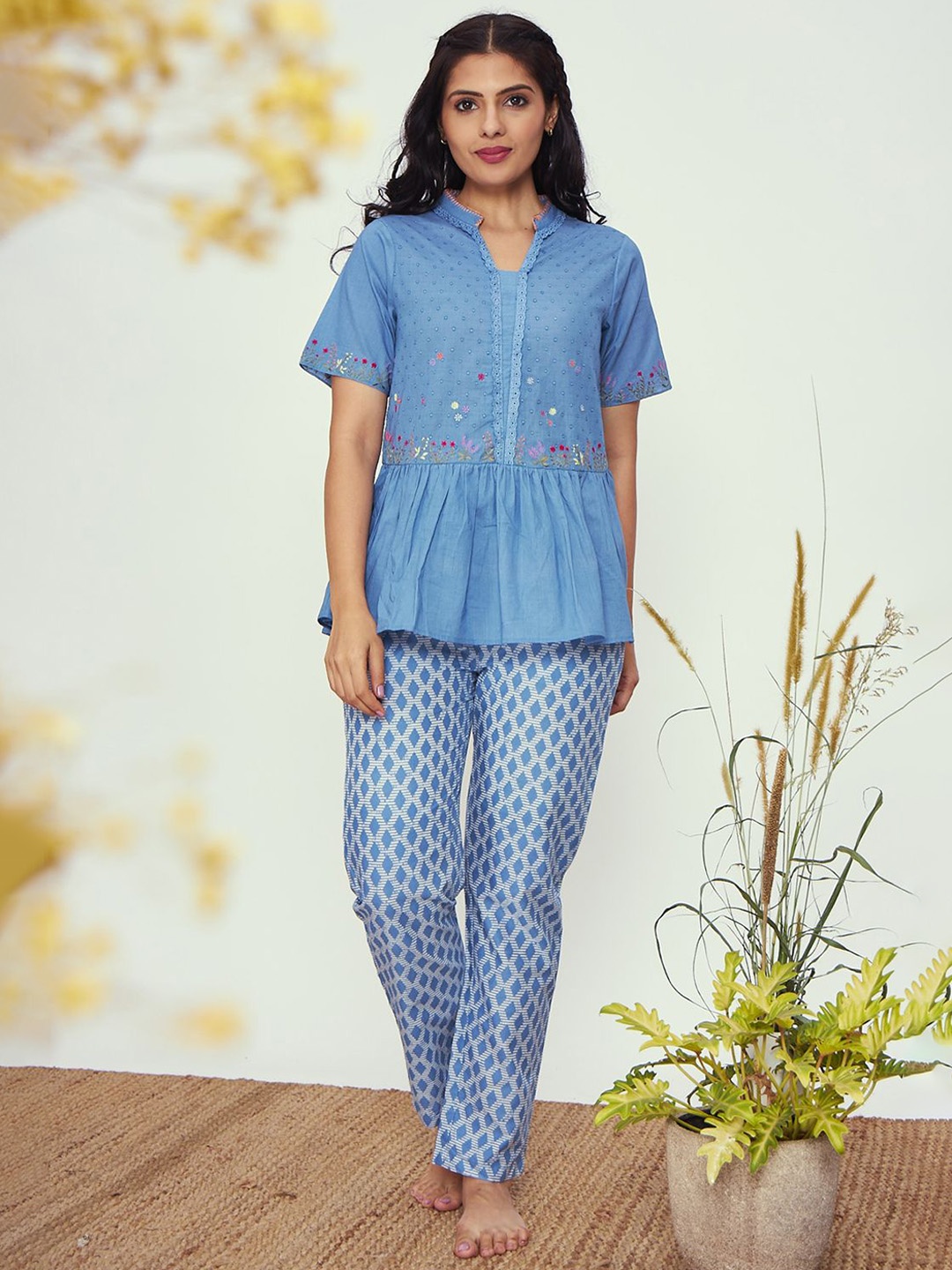 

July Women Embroidered Pure Cotton Night suit, Blue