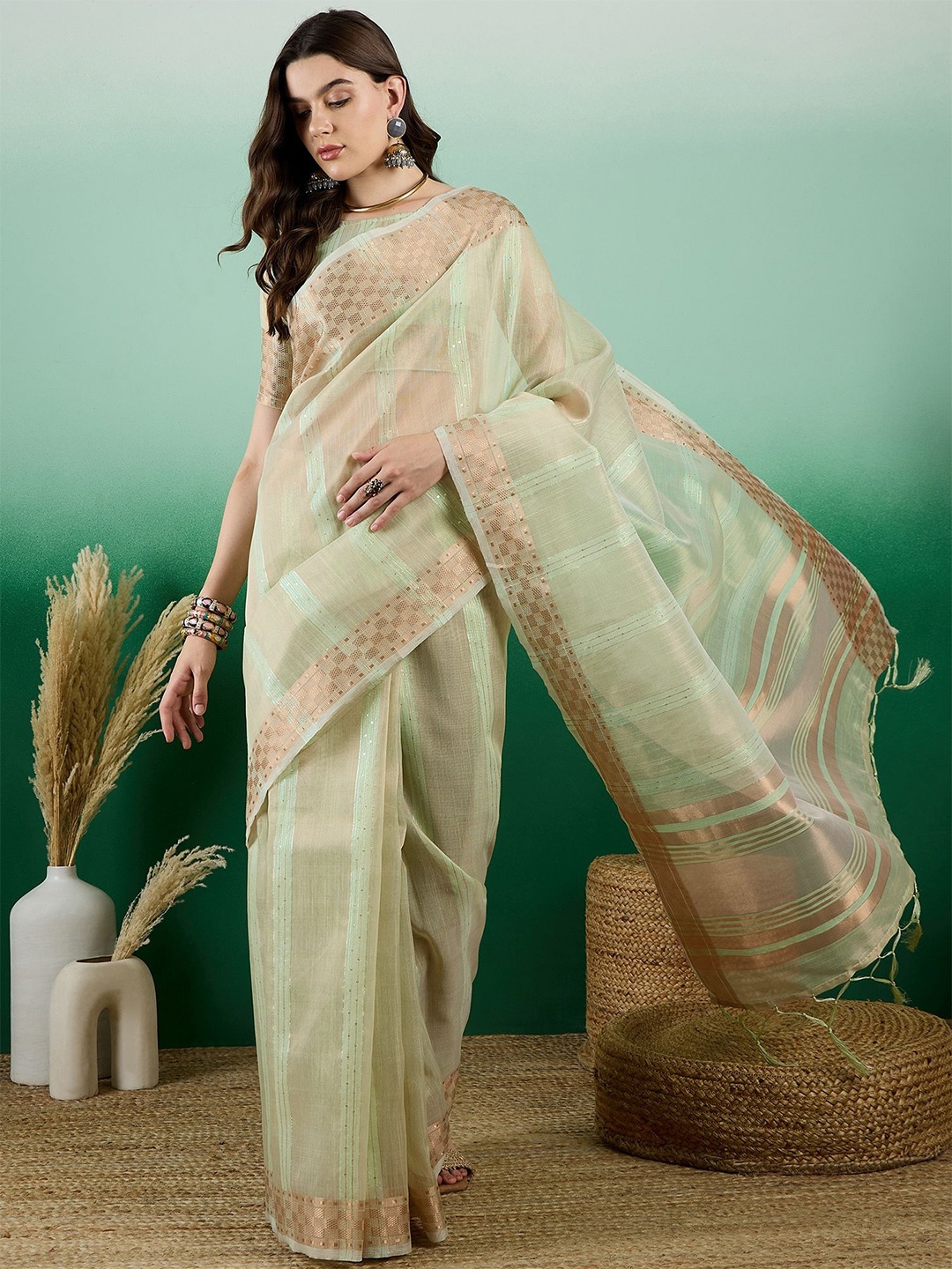 

VIRICA Striped Sequinned Organza Khadi Saree, Green