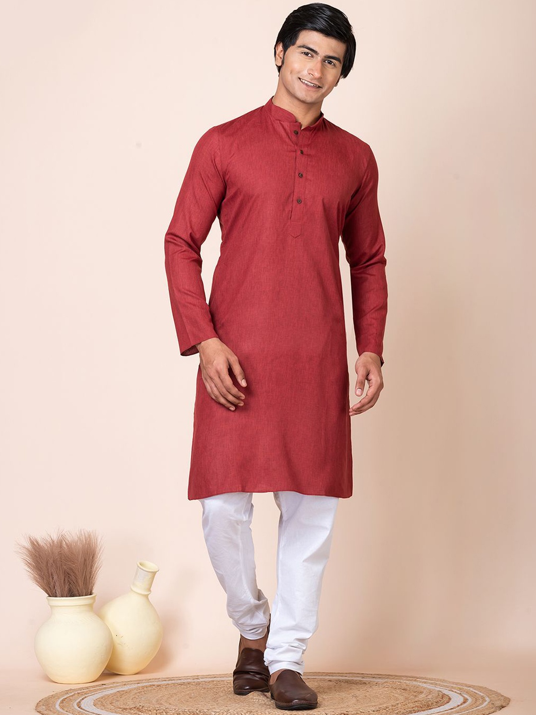 

HU - Handcrafted Uniquely Woven Design Mandarin Collar Straight Kurta, Red