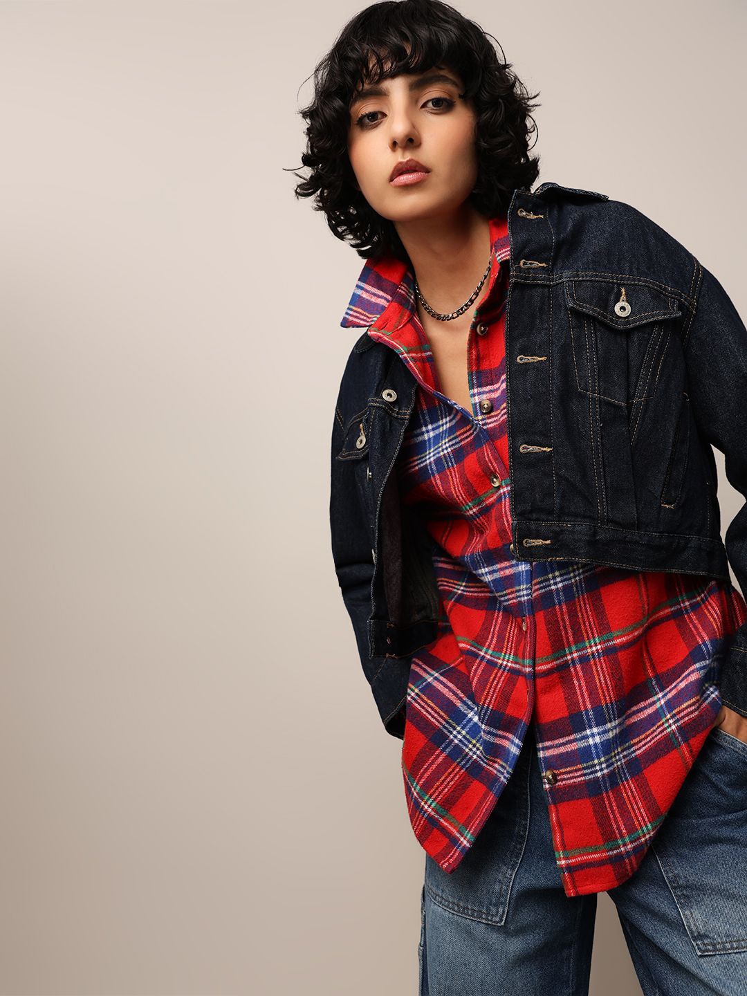 

ONLY Women Tartan Checks Oversized Casual Shirt, Red