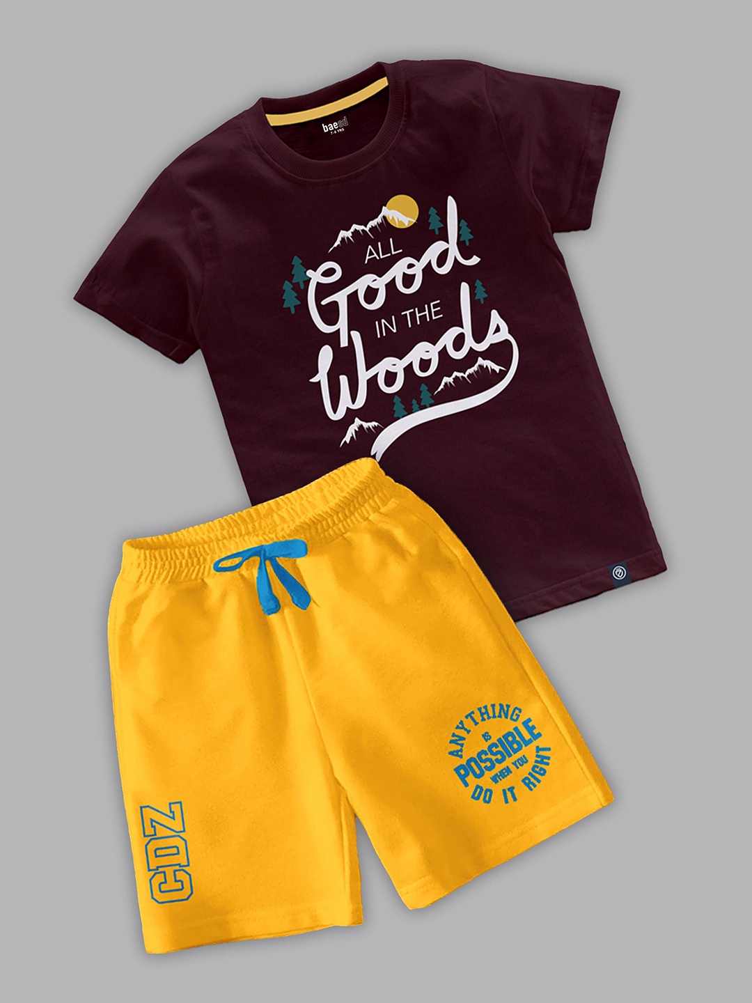 

BAESD Boys Printed Round Neck T-shirt with Shorts, Coffee brown
