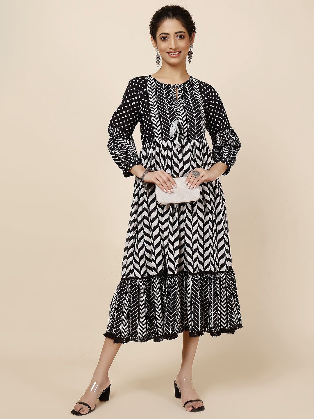 

Meena Bazaar Printed Tie-Up Neck Cotton Fit & Flare Midi Ethnic Dress, Black