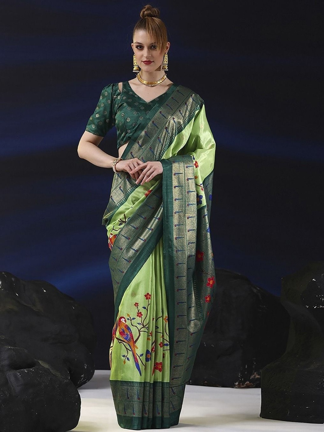 

SANJANA SILK Ethnic Motifs Zari Art Silk Chanderi Saree, Green