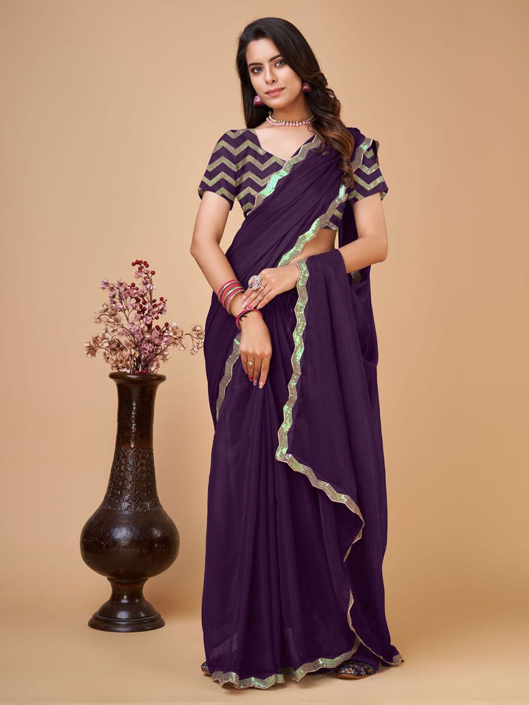 

Mitera Sequinned Pure Chiffon Saree, Purple