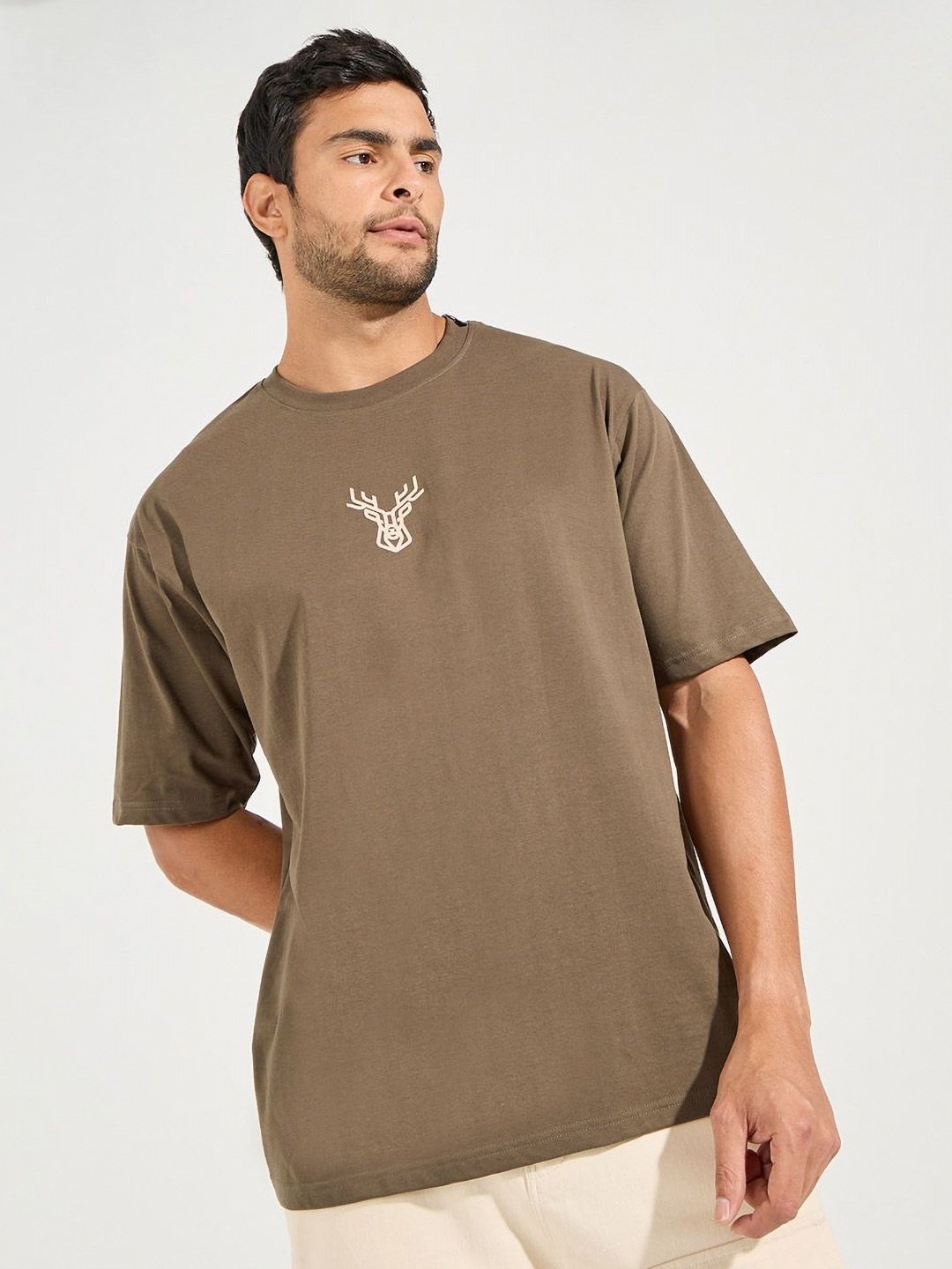 

Men HD Minimal Print Oversized Fit Compact Jersey Tee, Brown