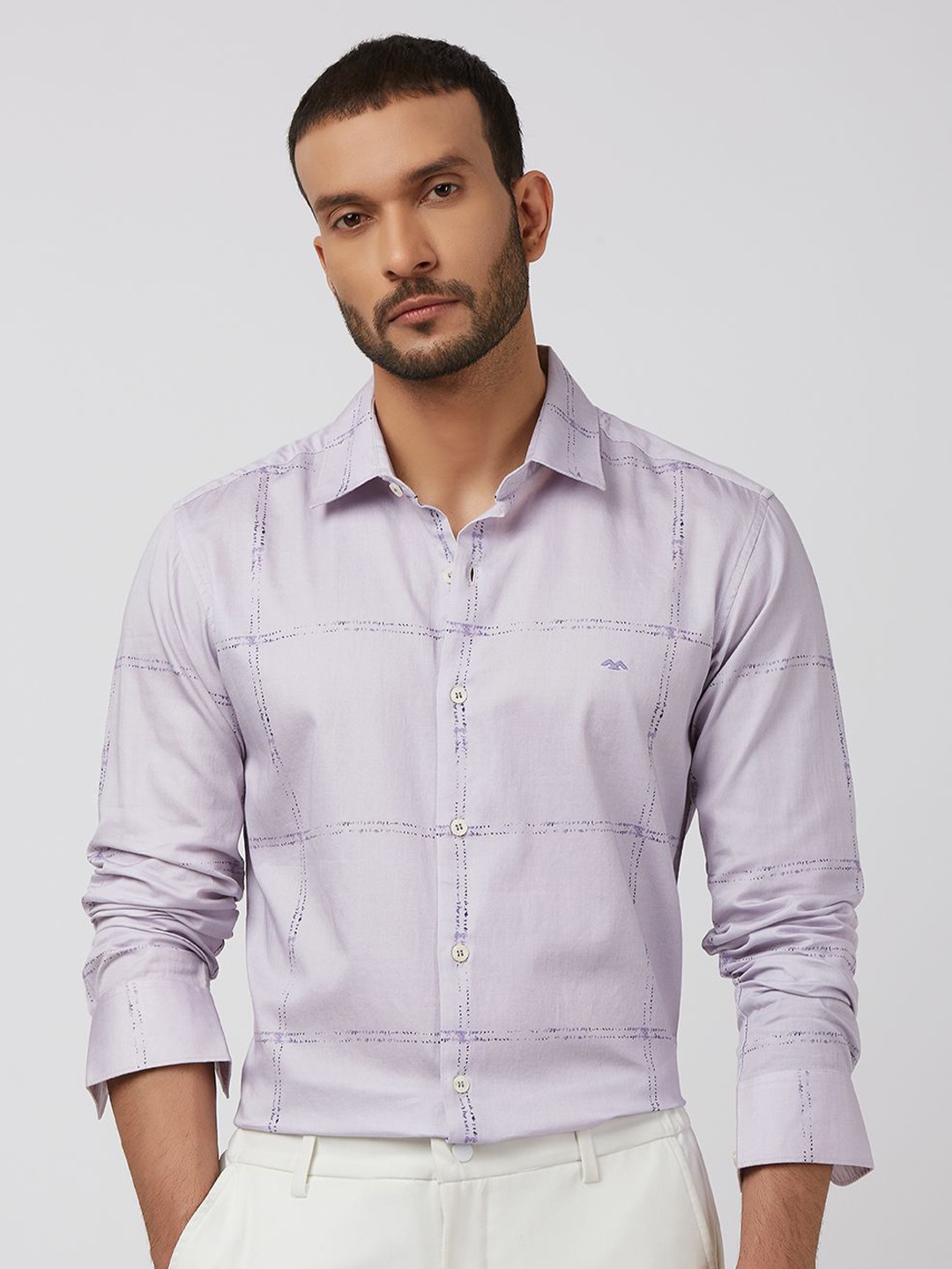 

Mufti Men Spread Collar Checked Cotton Slim Fit Casual Shirt, Purple