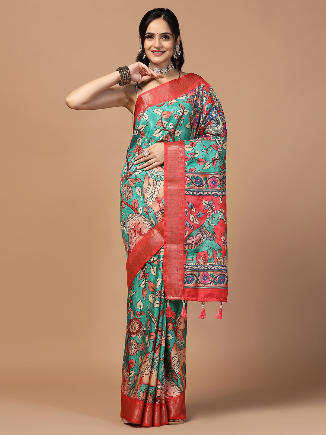

Kaizen TEXO FAB Kalamkari Zari Tussar Saree, Teal