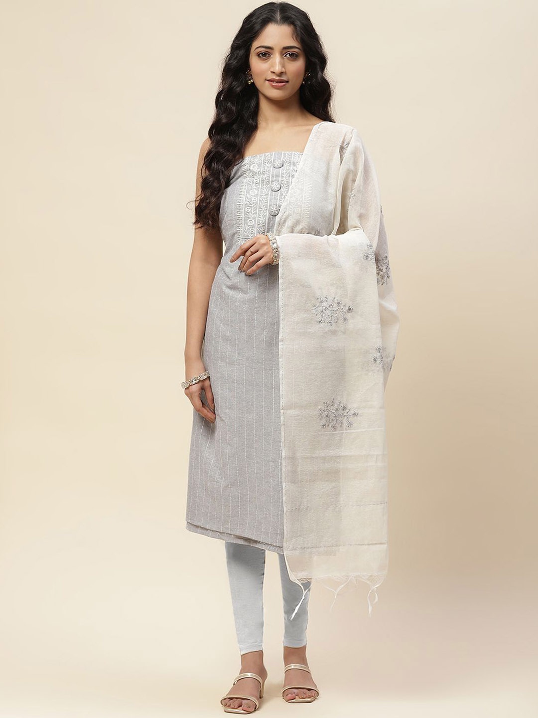 

Meena Bazaar Striped Woven Design Sequinned Unstitched Dress Material, Grey