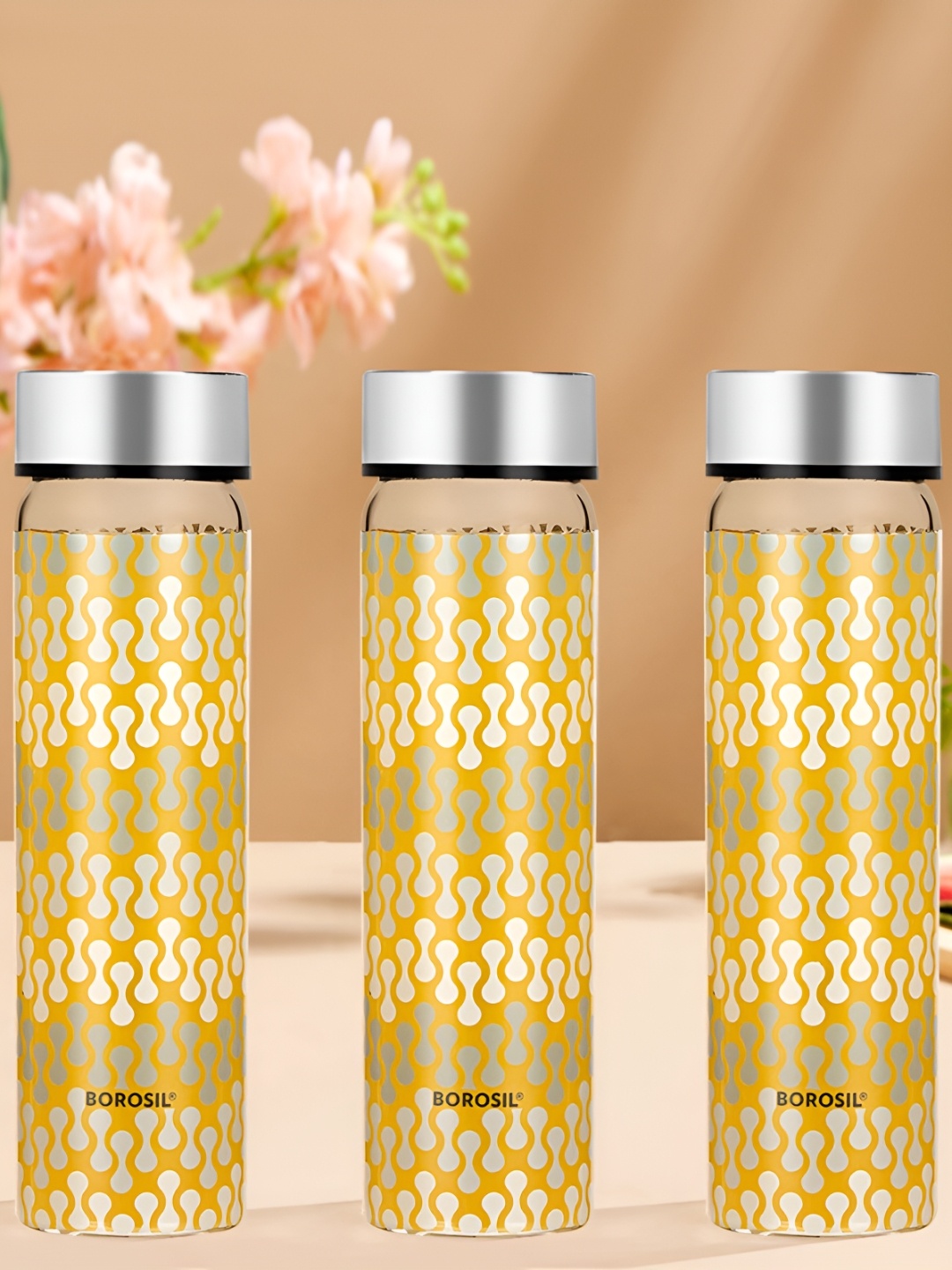 

BOROSIL Artisan Transparent & Silver-Toned 3 Pieces Glass Printed Water Bottle 550 ml