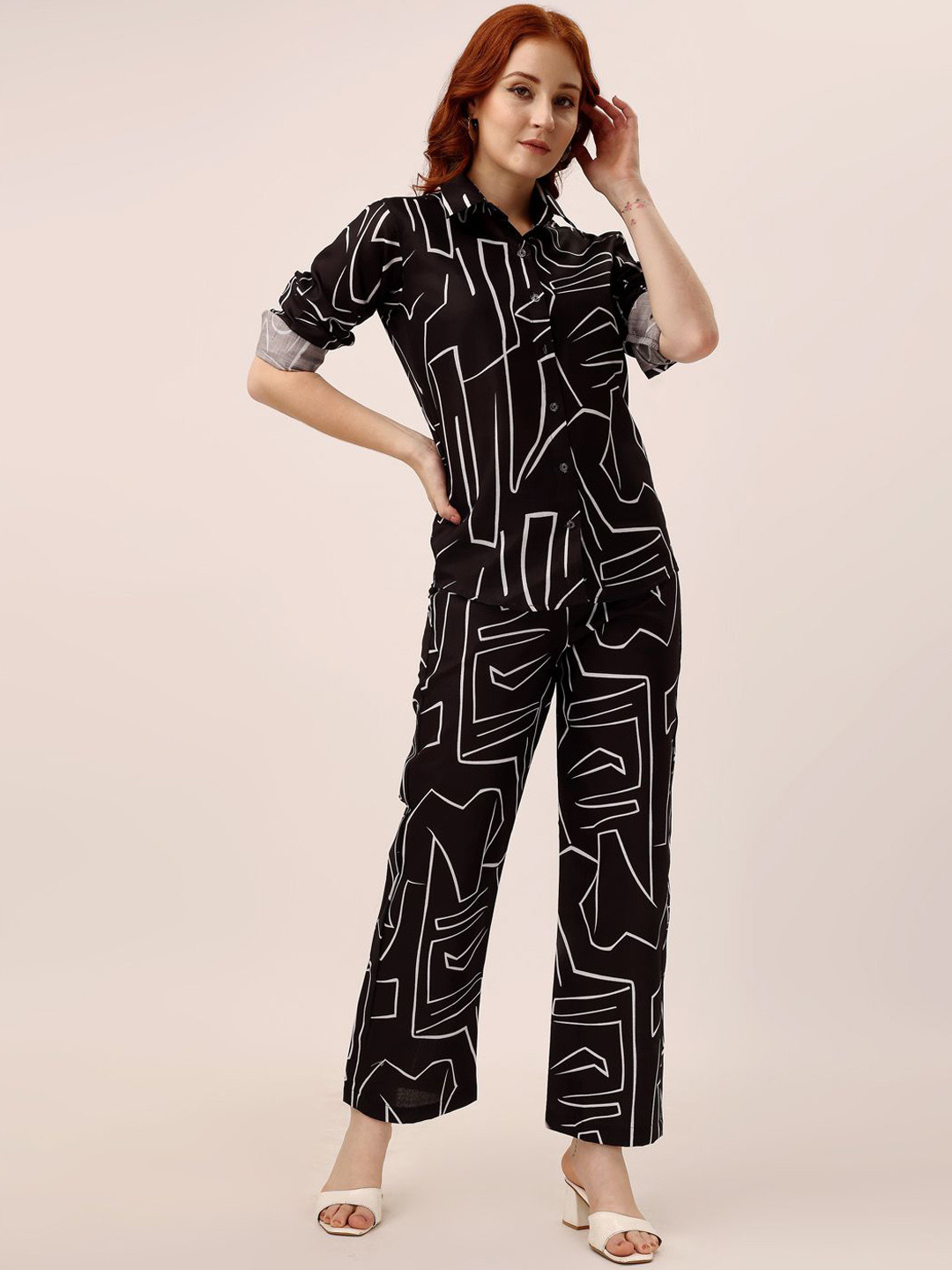 

shriez Printed Shirt Collar Shirt With Trousers, Black