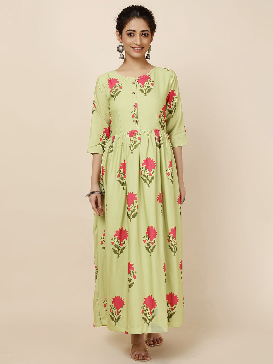 

Meena Bazaar Floral Printed Round Neck Cotton A-Line Maxi Dress, Green