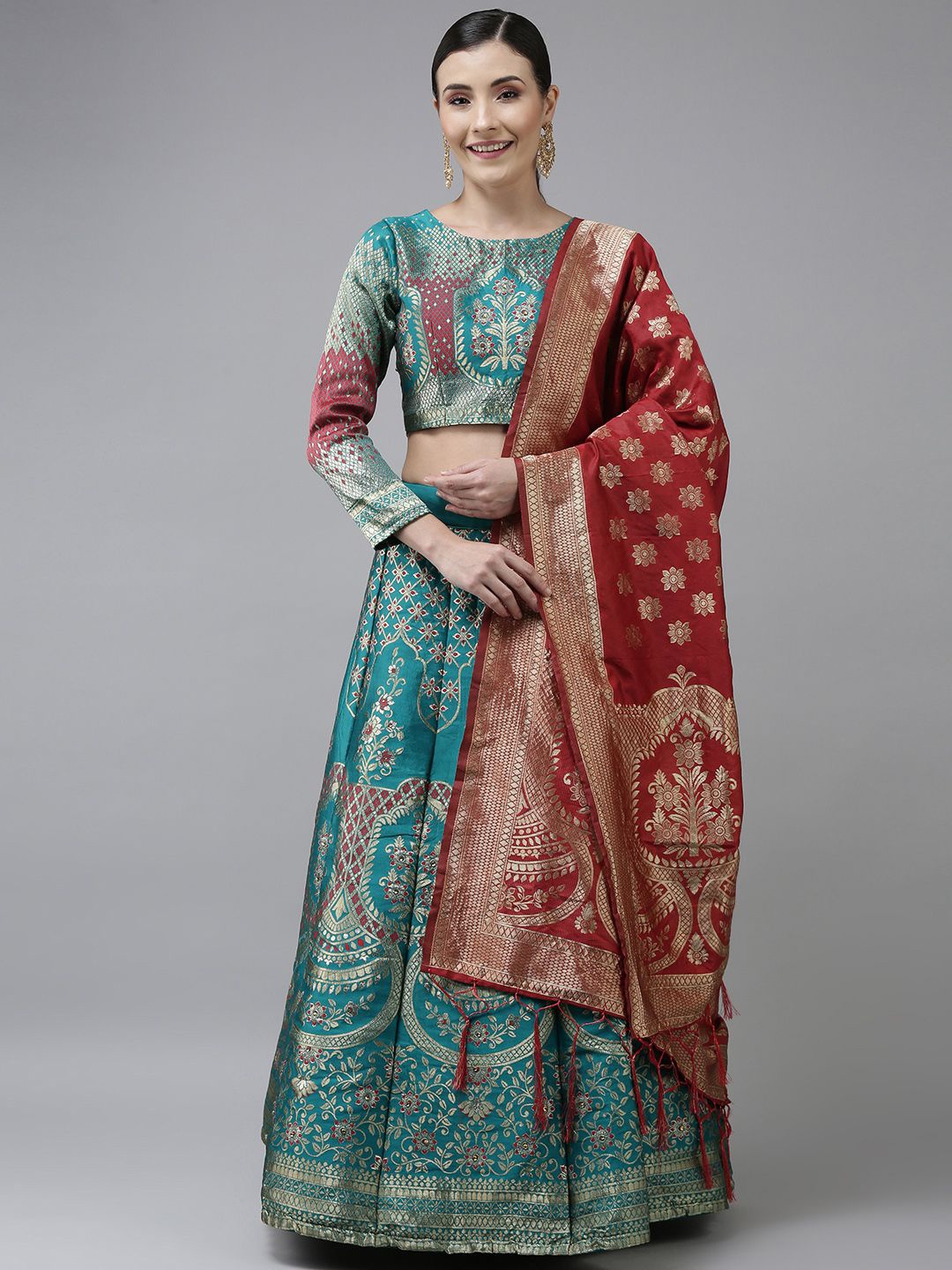 

MAGMINA Woven Design Semi-Stitched Lehenga & Unstitched Blouse With Dupatta, Turquoise blue