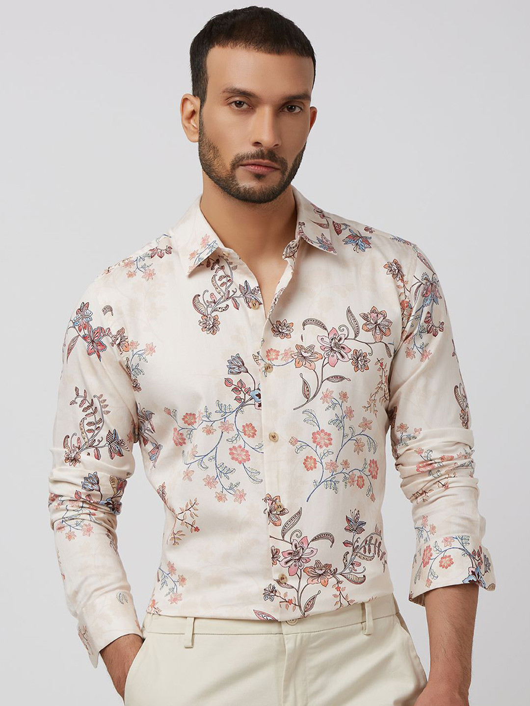 

Mufti Men Spread Collar Cotton Slim Fit Casual Shirt, Beige