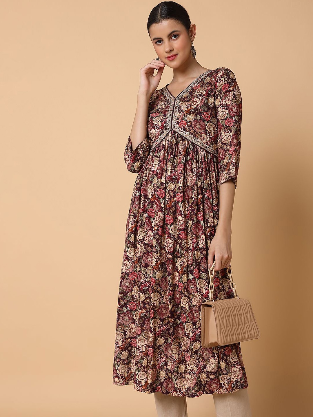 

SHOWOFF Floral Printed V-Neck Beads and Stones A-Line Kurta, Maroon