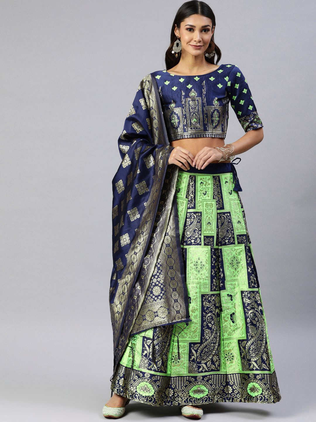 

MAGMINA Woven Design Semi-Stitched Lehenga & Unstitched Blouse With Dupatta, Lime green