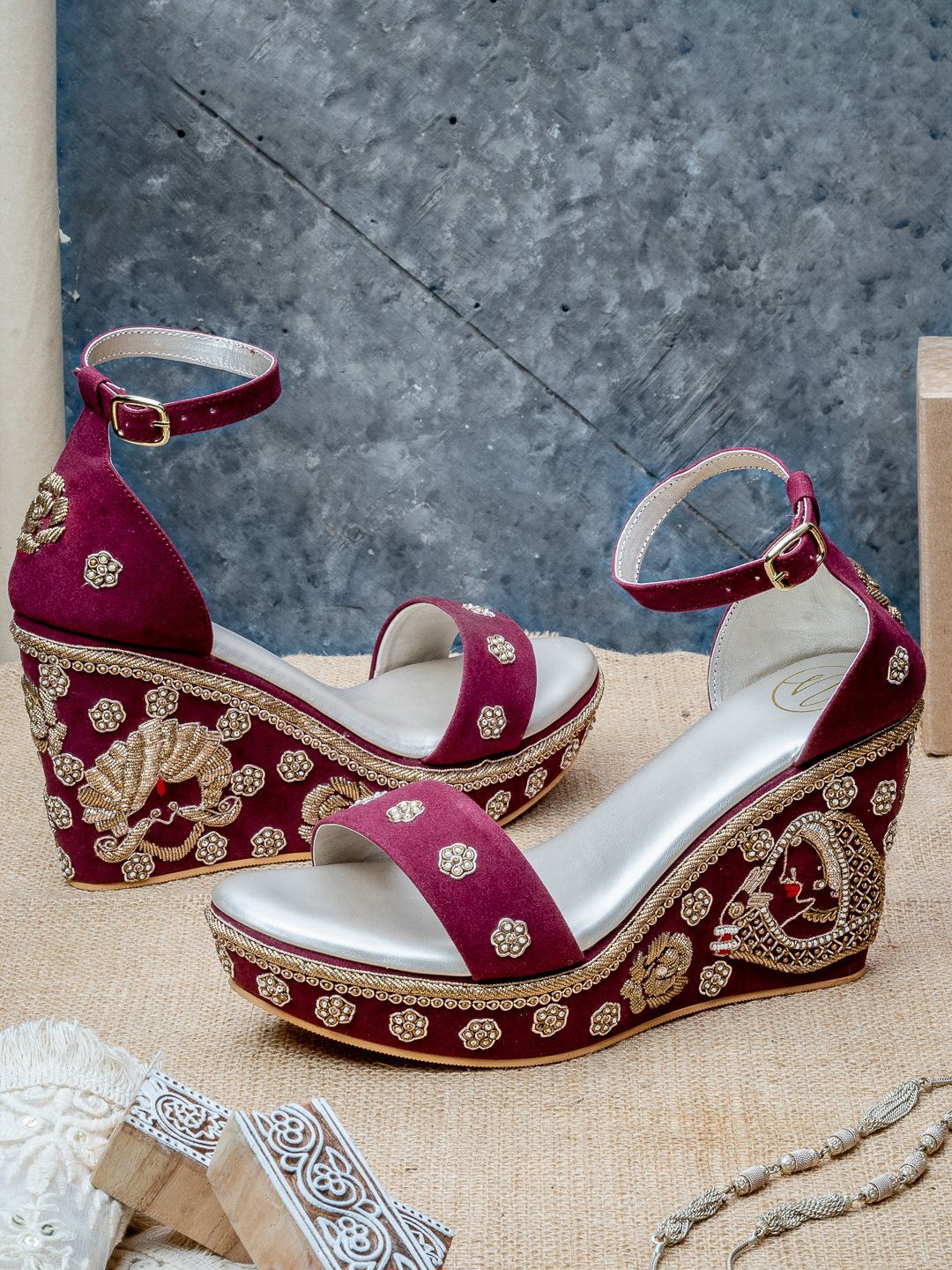 

NR By Nidhi Rathi Velvet Ethnic High-Top platform Sandals, Maroon