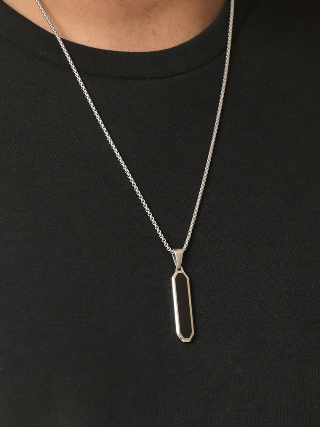 

PALMONAS Men Silver-Plated Stainless Steel Midnight Prism Pendant With Chain
