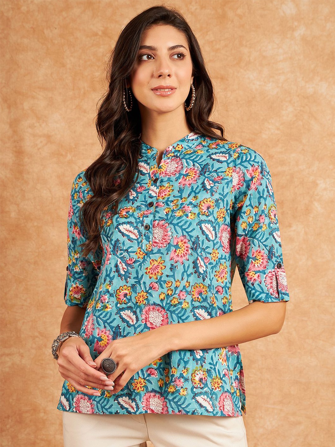 

Modeve Floral Printed Mandarin Collar Roll-Up Sleeves Cotton Shirt Style Top, Turquoise blue