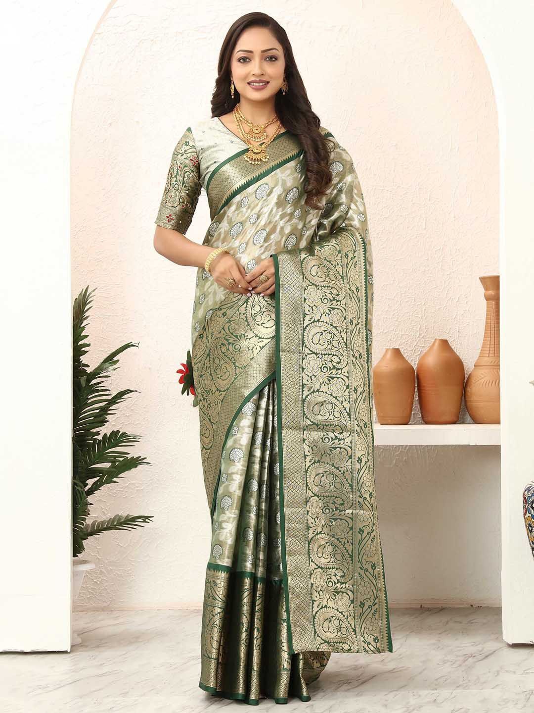 

Dori Woven Ethnic Motifs Design Zari Tissue Banarasi Saree, Green