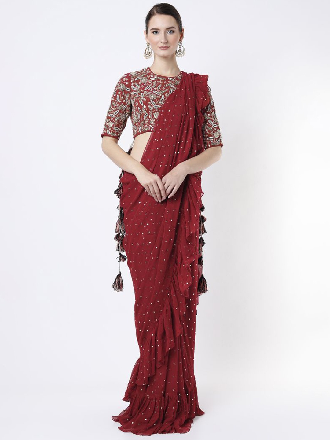 

Payal Singhal Mukaish Pre Stitched Saree With Embroidered Choli, Maroon