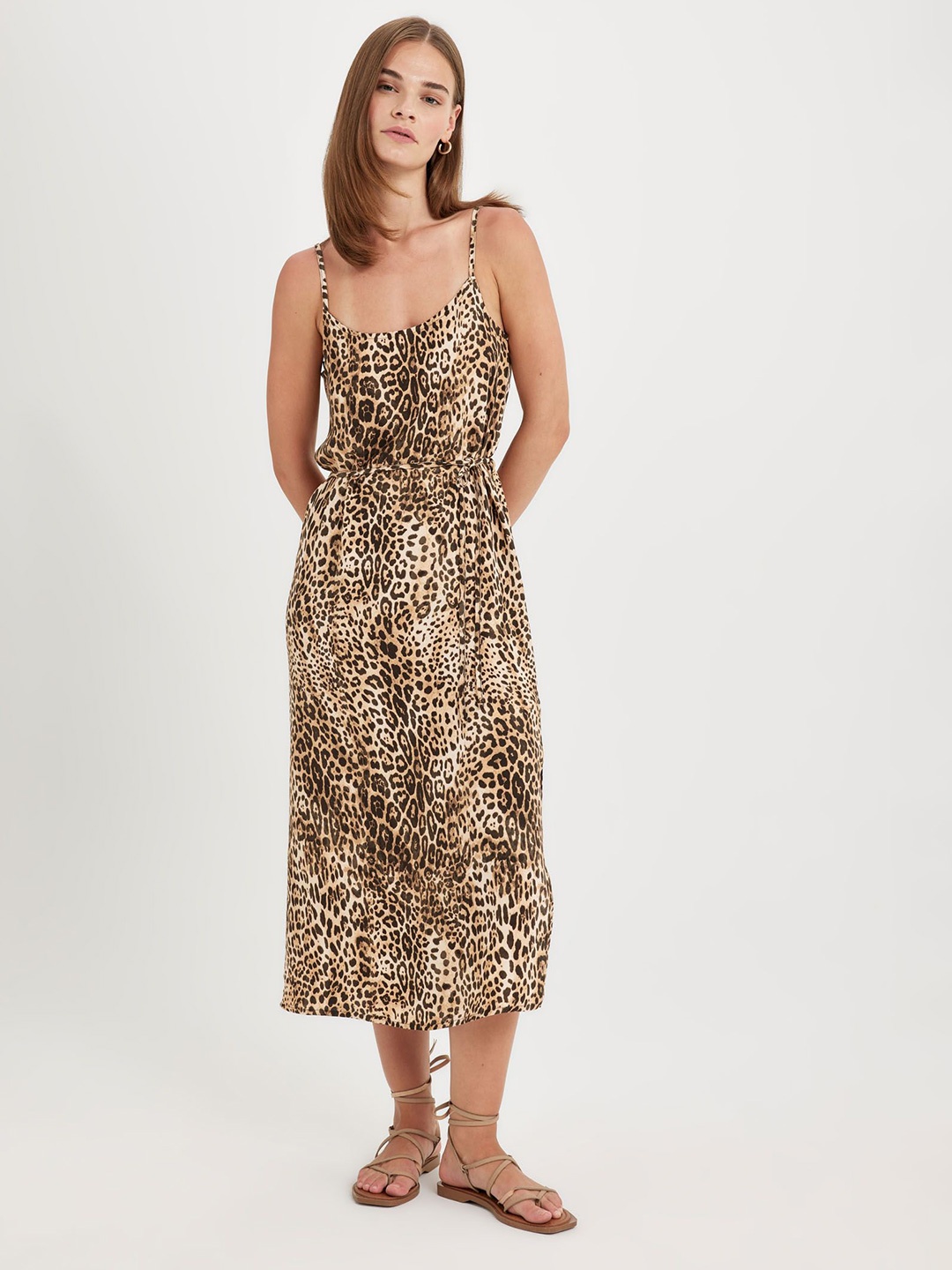 

DeFacto Animal Print A-Line Midi Dress, Brown