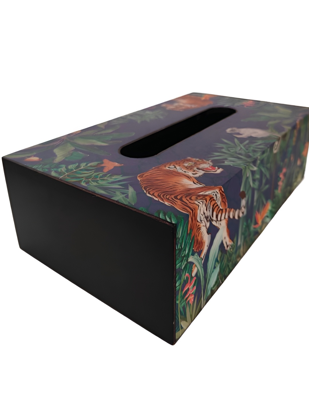 

MAATIR DESIGNS Black & Navy Blue Printed Wooden Tissue Holder