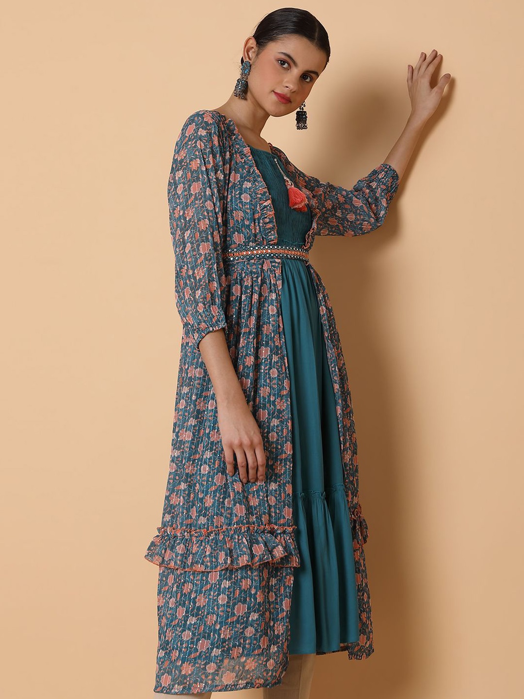 

SHOWOFF Shoulder Straps A-Line Kurta with Shrug, Turquoise blue