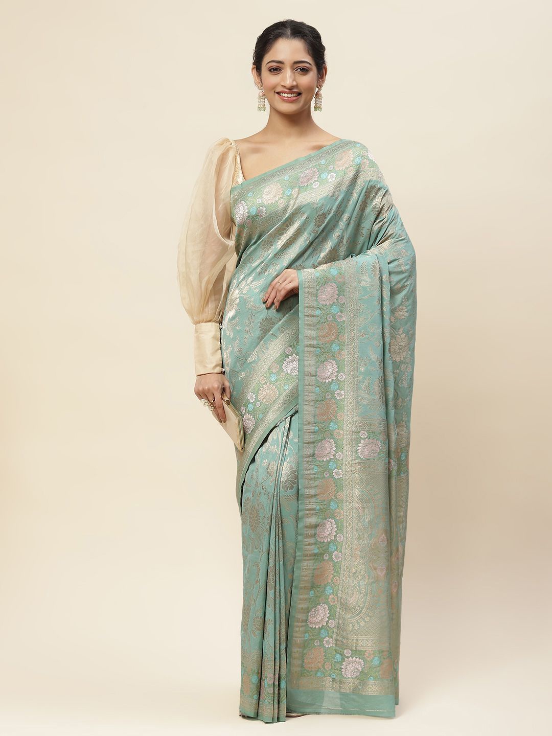 

Meena Bazaar Woven Design Zari Poly Crepe Saree, Green