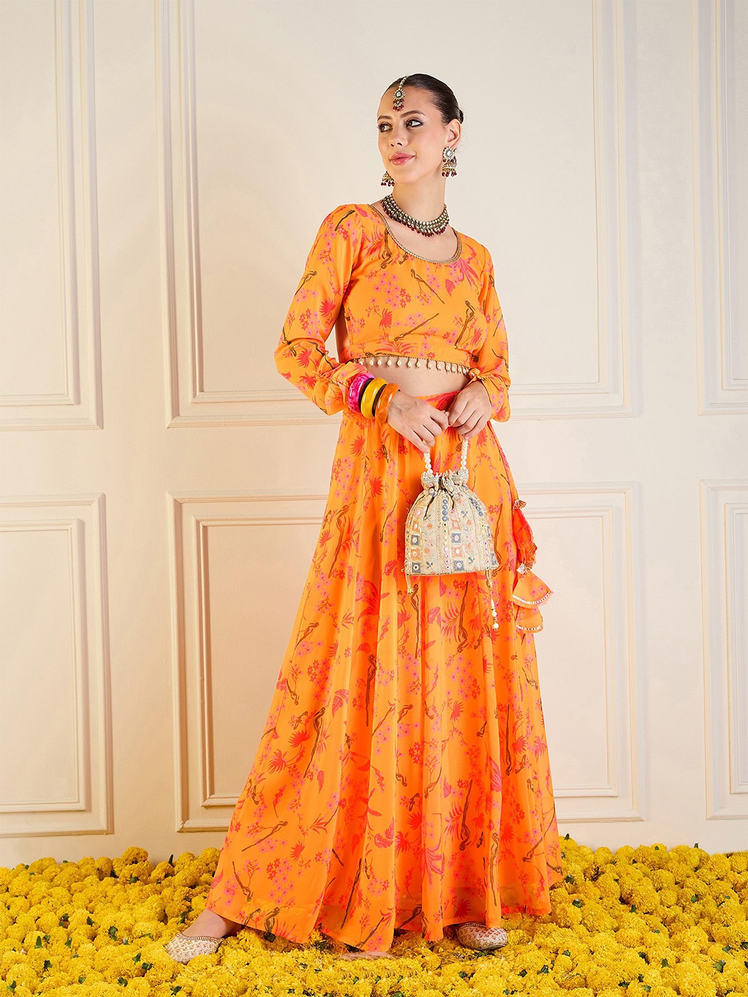 

Shae by SASSAFRAS Printed Beads and Stones Ready to Wear Lehenga & Choli, Mustard