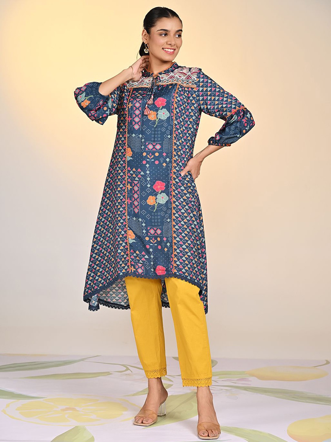 

Lakshita Floral Printed Tie-Up Neck A-Line Kurta, Blue