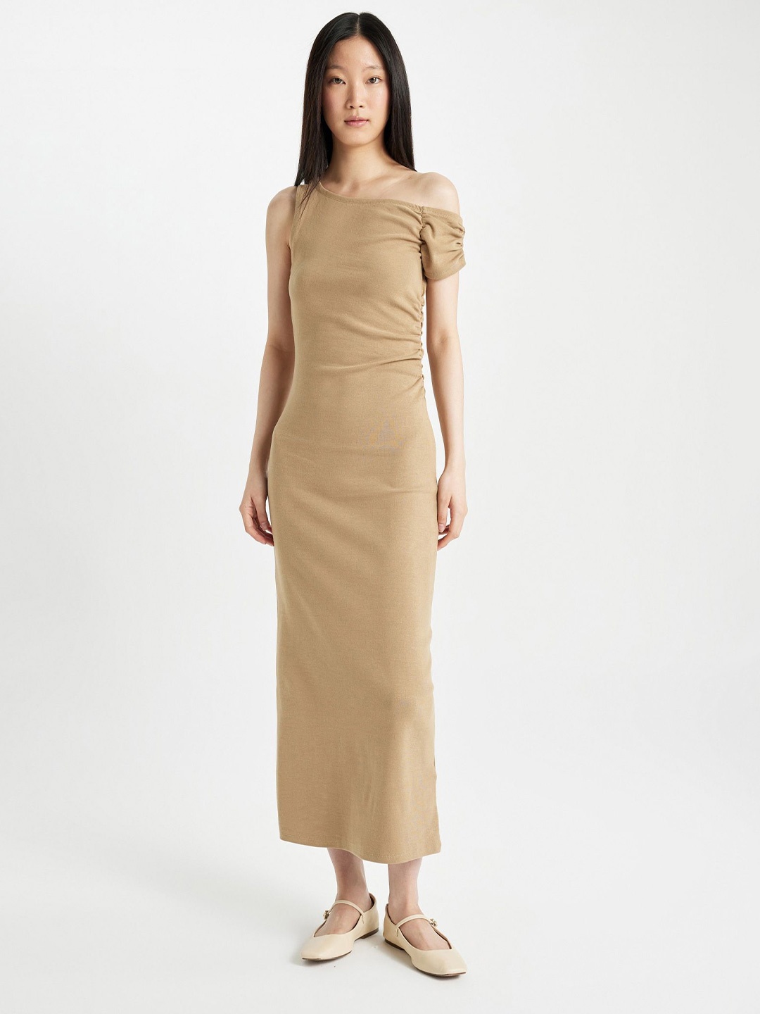 

DeFacto Women One Shoulder A-Line Midi Dress, Camel brown