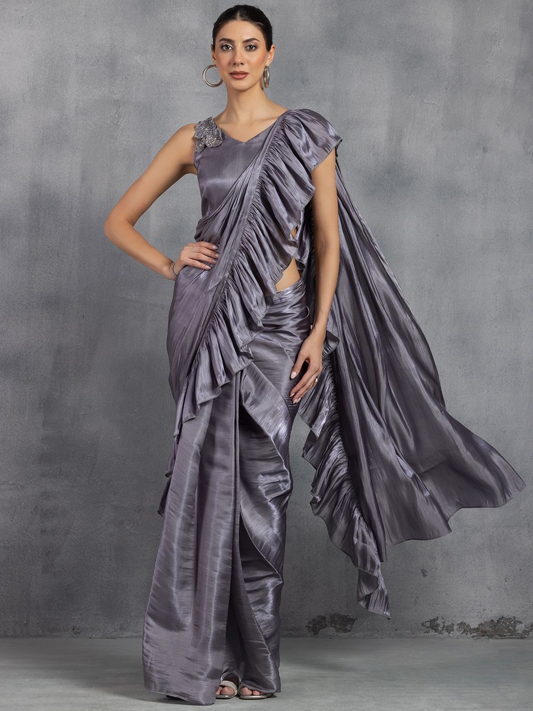 

Rang by Indya Ruffled Satin Solid Ready to Wear Saree with Blouse, Grey