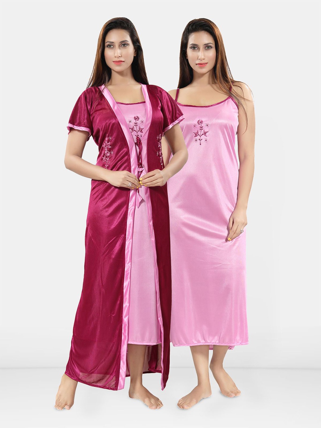 

Be You Embroidered Satin Maxi Nightdress With Robe, Magenta
