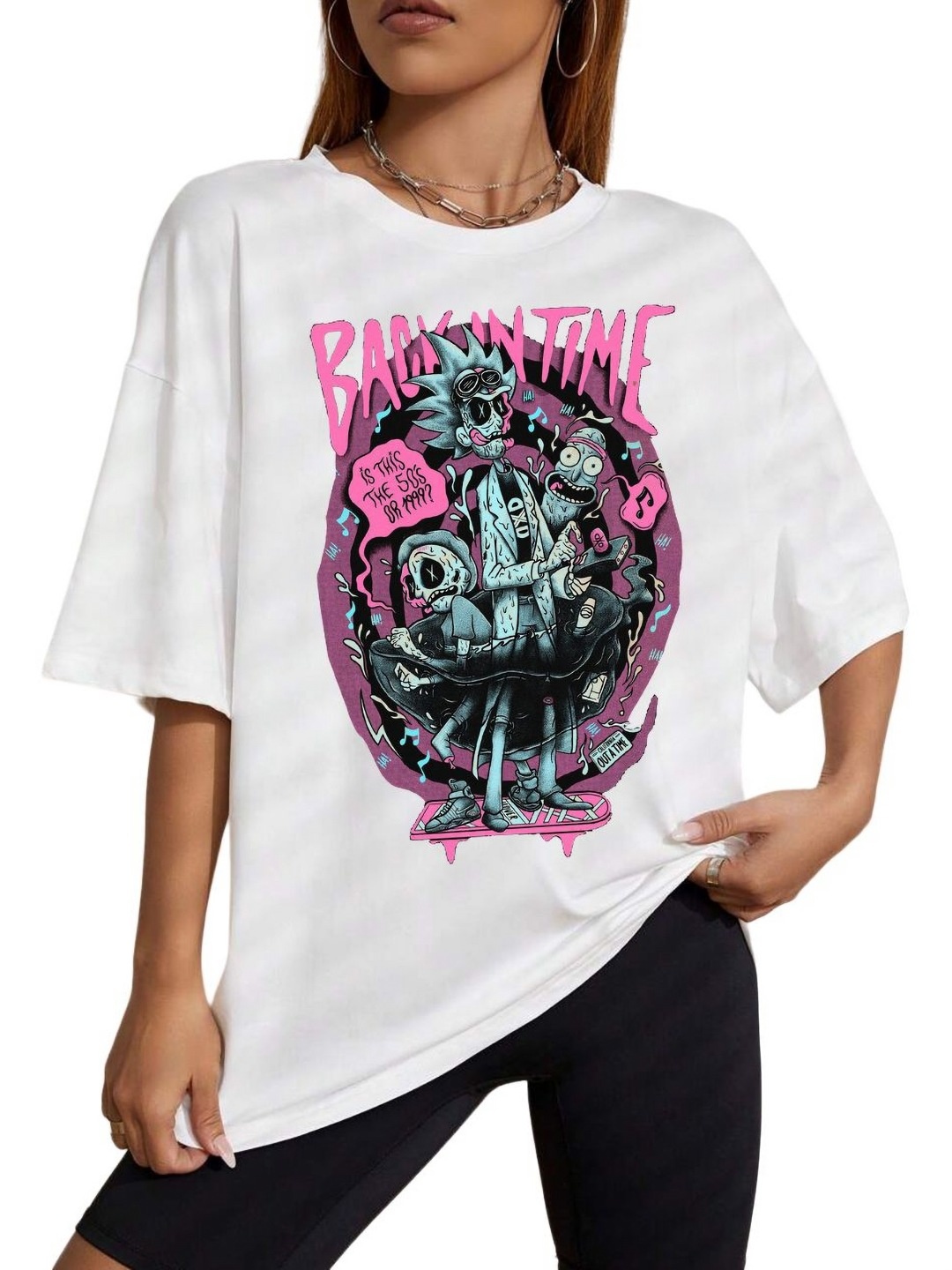 

TABADTOD Women Printed Drop-Shoulder Sleeves T-shirt, White