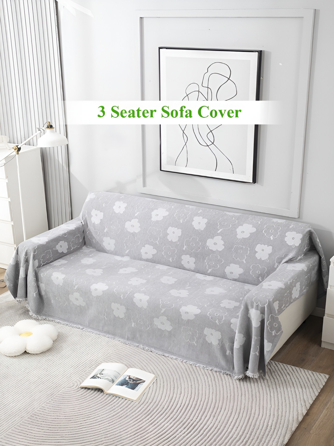 

HOKIPO Grey & White Floral Printed 3 Seater Rectangle Sofa Throw