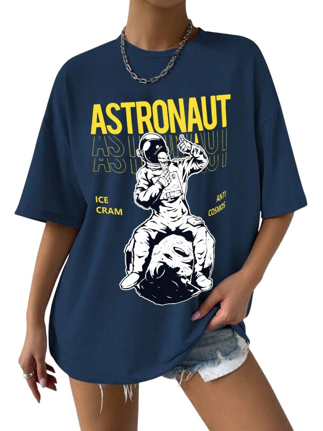 

TABADTOD Women Typography Printed Raw Edge T-shirt, Navy blue
