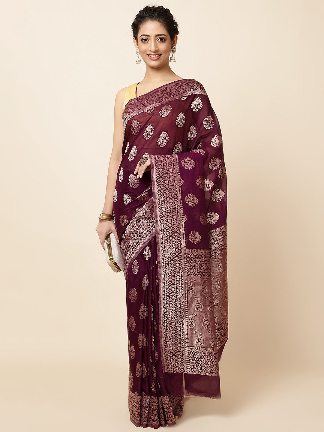 

Meena Bazaar Ethnic Motif Zari Woven Saree, Purple