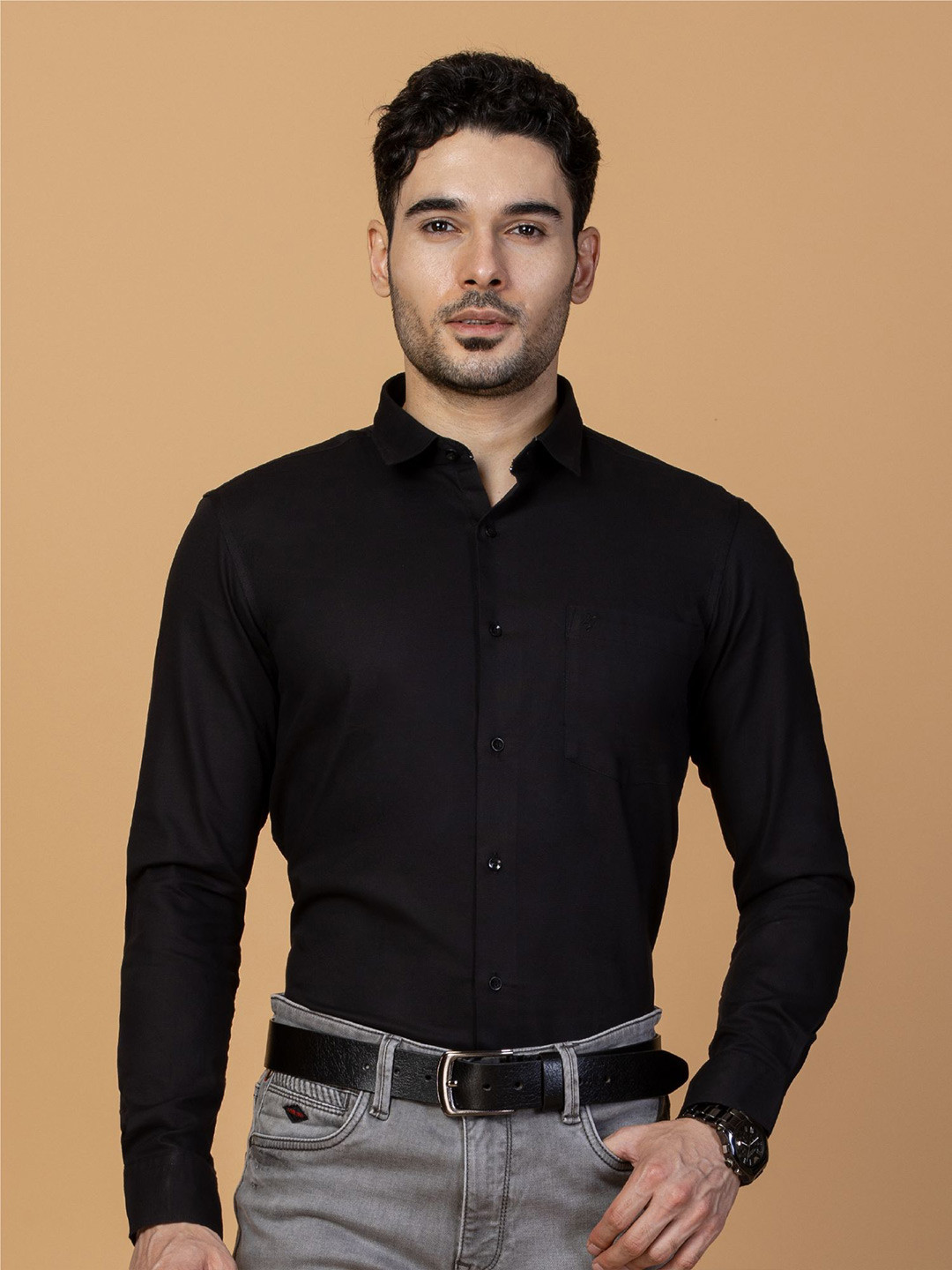 

Berkshire Men Comfort Spread Collar Solid Cotton Slim Fit Formal Shirt, Black