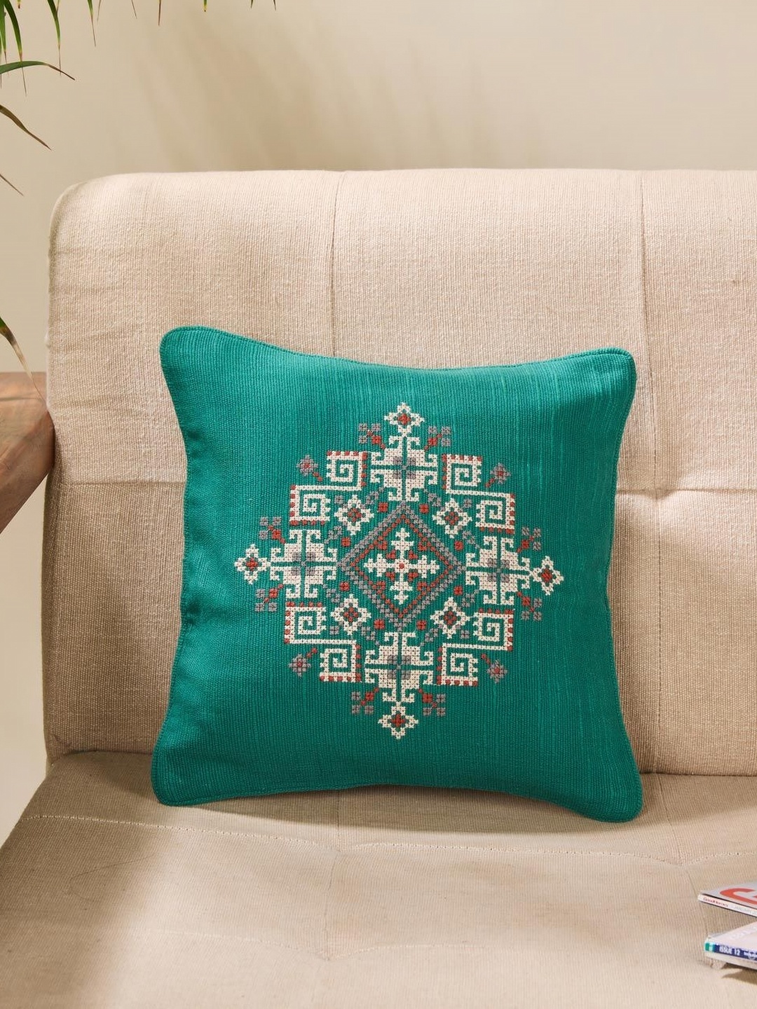 

Fabindia Teal Green & White Ethnic Motifs Square Cushion Covers