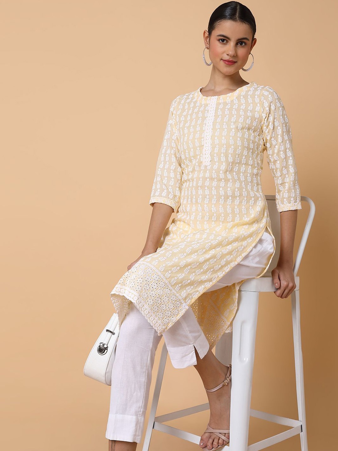 

SHOWOFF Floral Embroidered Chikankari Cotton Straight Kurta, Yellow